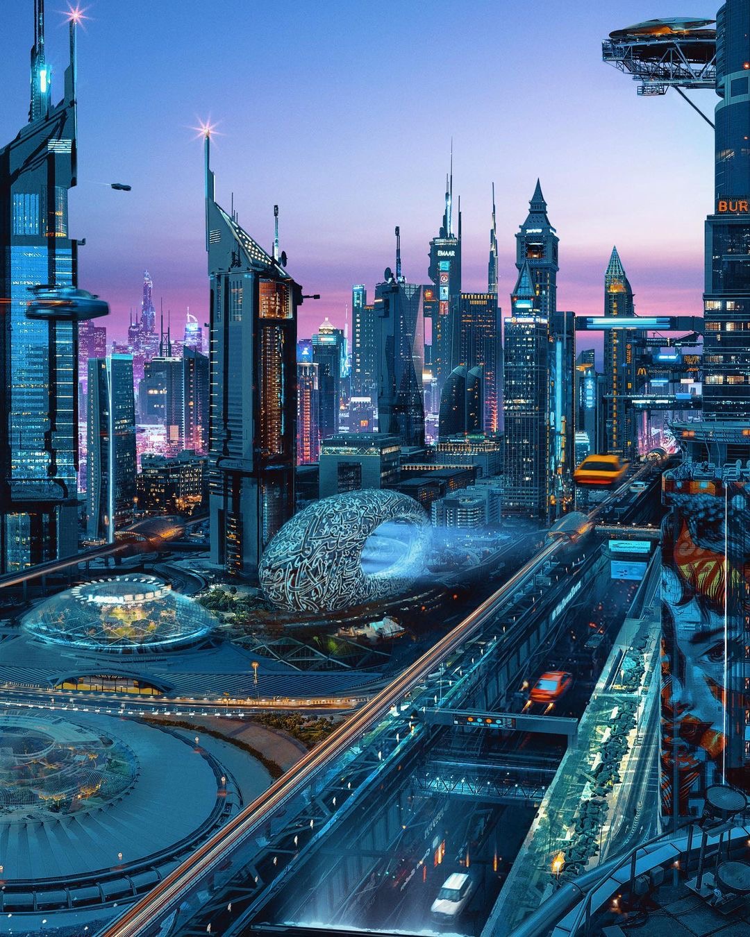 سيارات طائرة وناطحات سحاب بممرات خارجية.. فنان برازيلي يتخيل دبي في عام 2075