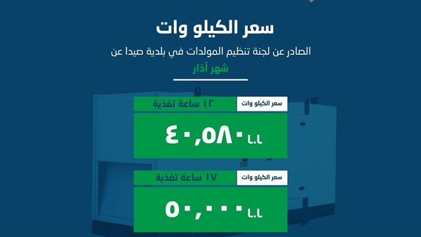 لجنة تنظيم قطاع المولدات في بلدية صيدا اصدرت بيان تكلفة الاشتراكات الكهربائية لشهر اذار 2026